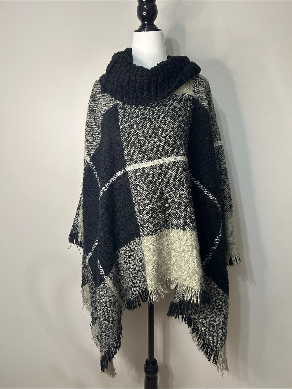 Eclipse Black & Cream Plaid Cowl Neck Poncho with Fringe